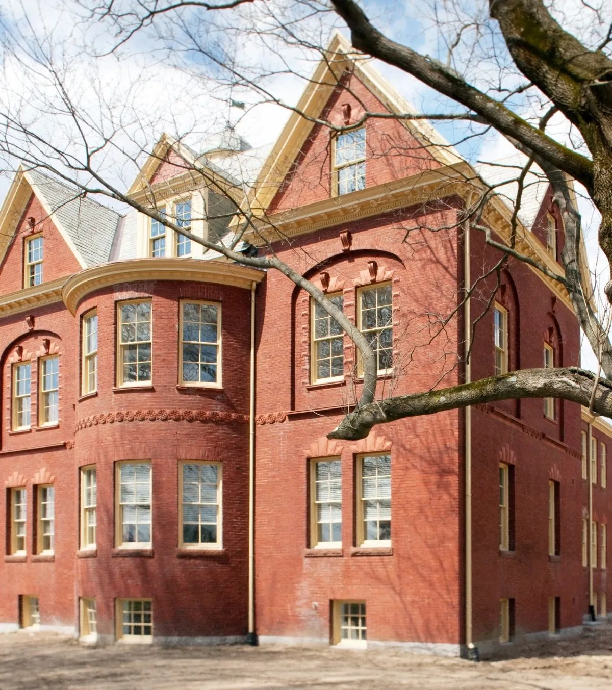 Restored brick tower and slate roof at Chestnut Green Apartments